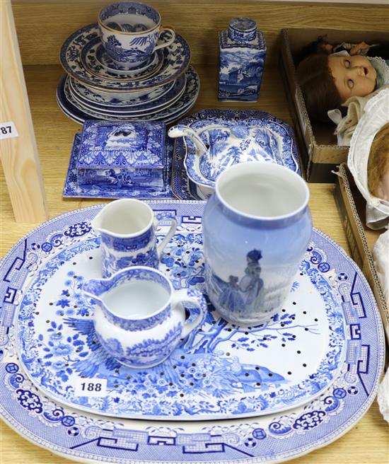 A collection of mixed blue and white ceramics and a Copenhagen vase